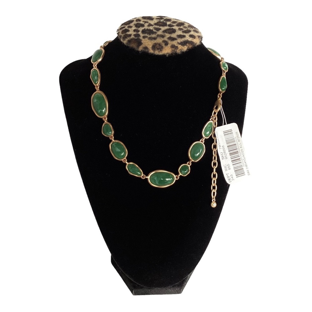 Southern Living 16 Inch Necklace Brushed Gold Tone Jade Green Resin Cab Links